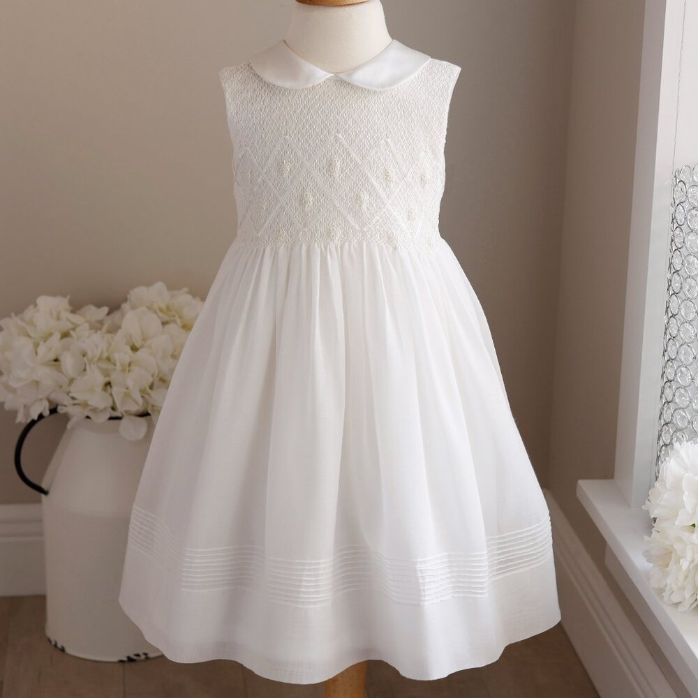 White Smocked Flower Girl Dress Satin Collar Ribbon Trim Boutique Size 4
